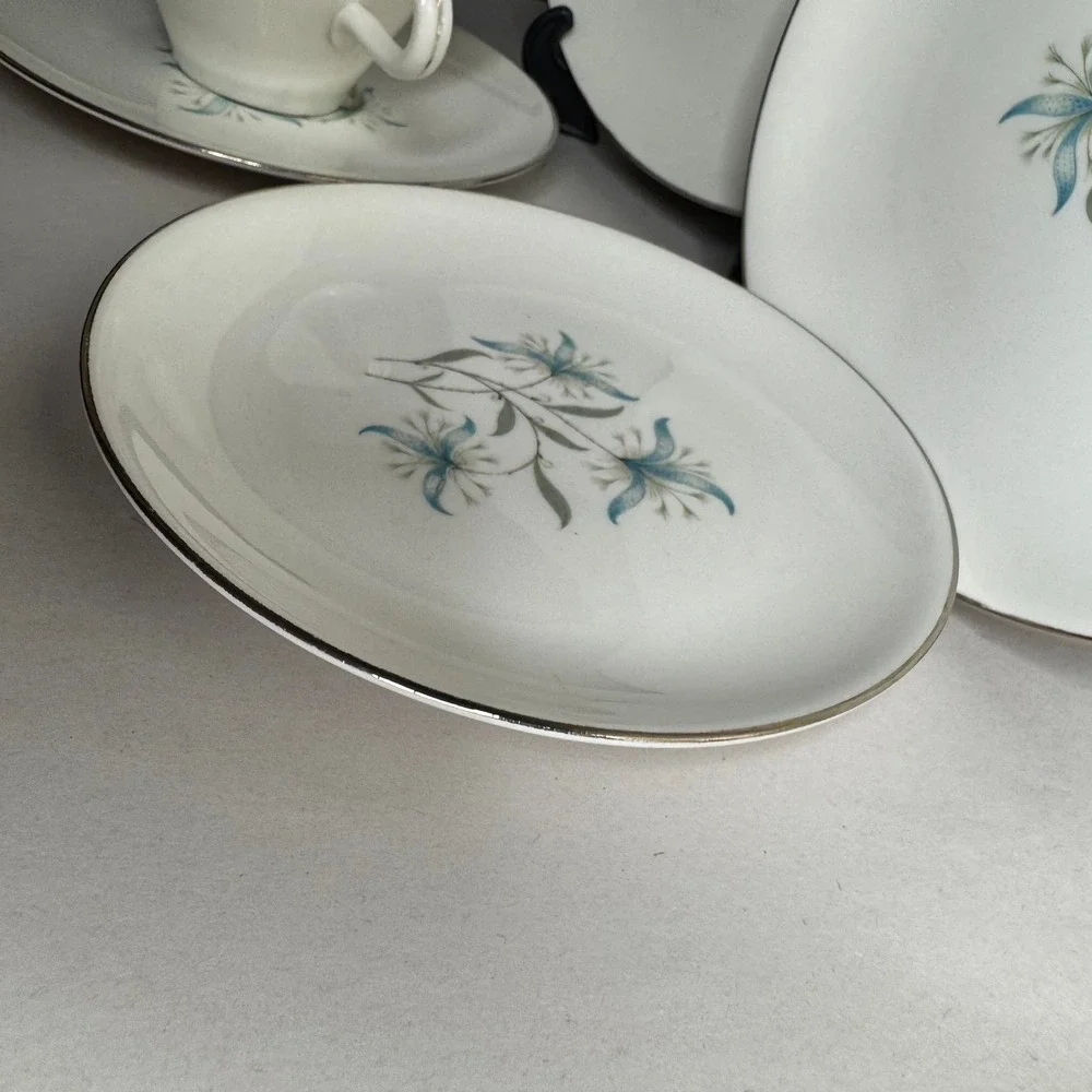 Homer Laughlin Triumph Cynthia Fine China 5 Piece Place Setting Blue Floral Lily